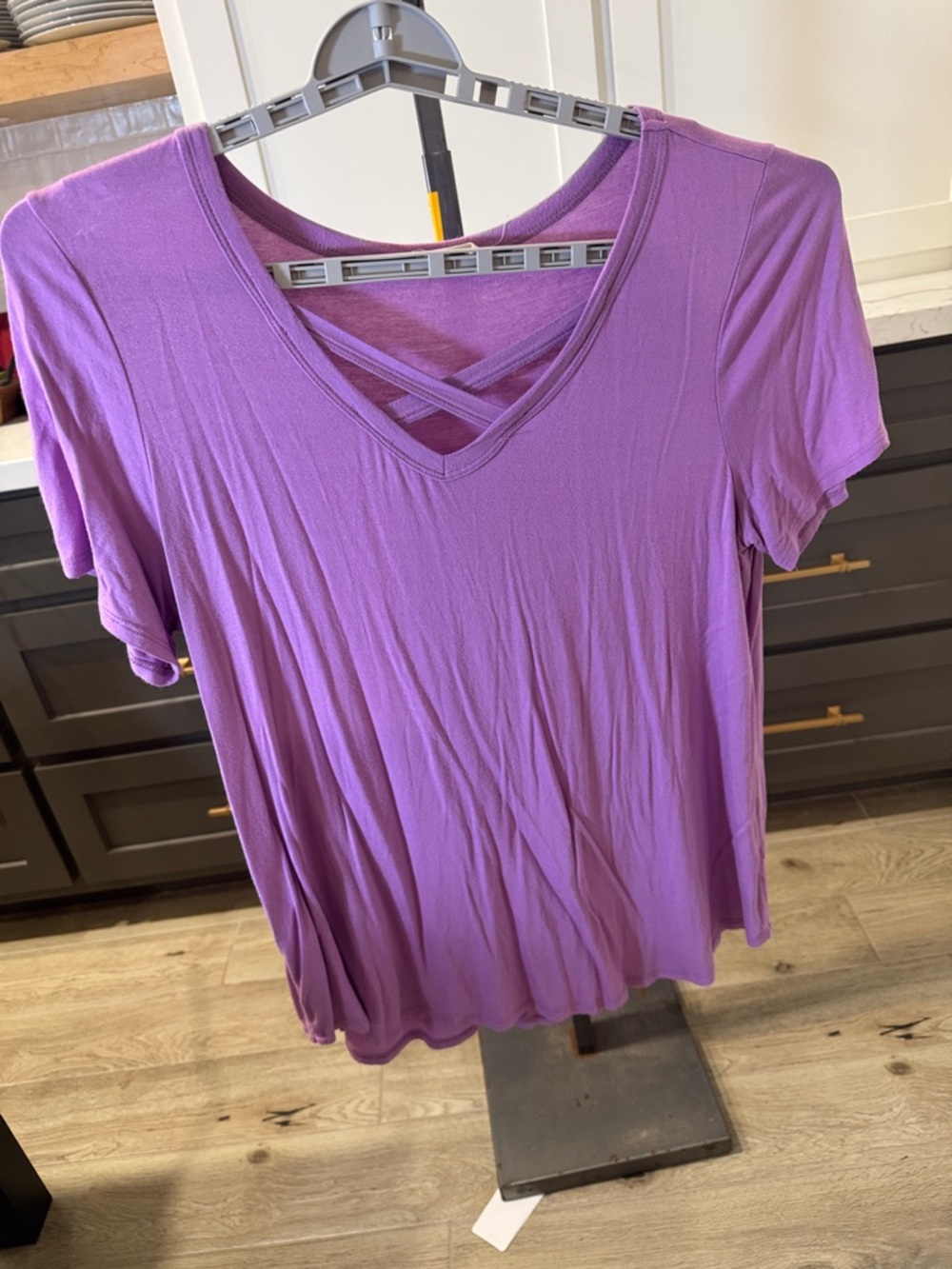 Women's Purple Short Sleeve V-Neck Tee with Crisscross Detail